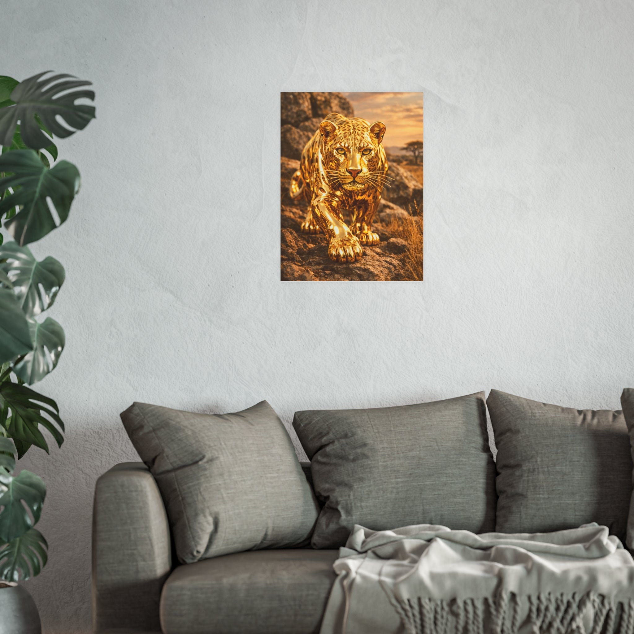 Polished Gold Leopard Statue Wall Art Poster Luxury Safari Animal Decor Realistic Metallic Wildlife Artwork Modern Home Living Room Interior