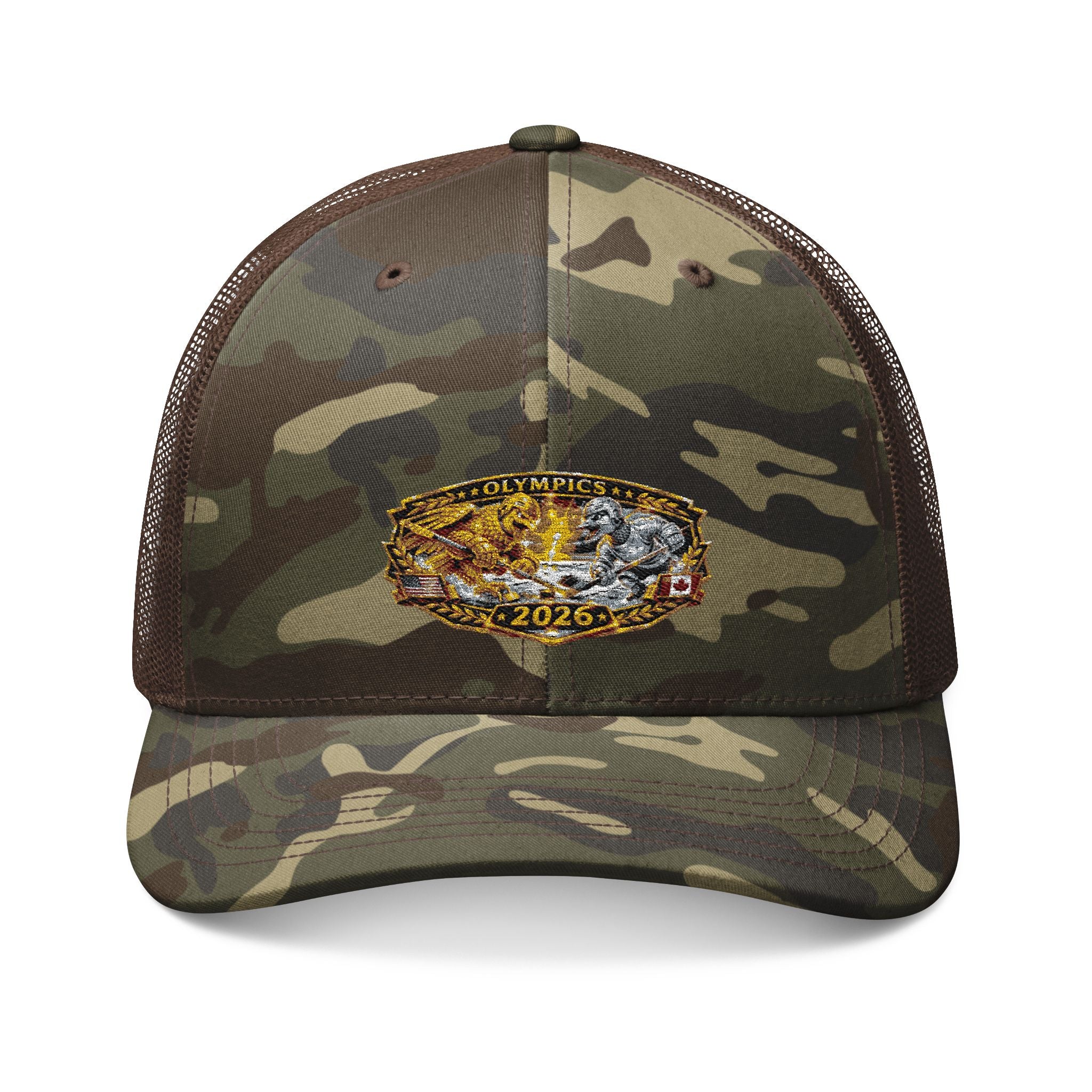 Camouflage Trucker Hat — Embroidered Gold Belt Patch