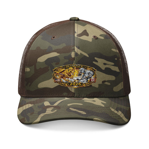 Camouflage Trucker Hat — Embroidered Gold Belt Patch