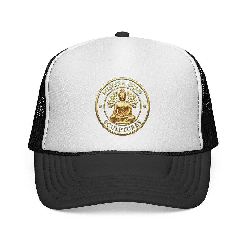 Buddha Emblem Trucker Cap — Gold Meditation Logo Mesh Hat