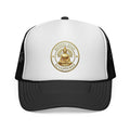 Buddha Emblem Trucker Cap — Gold Meditation Logo Mesh Hat