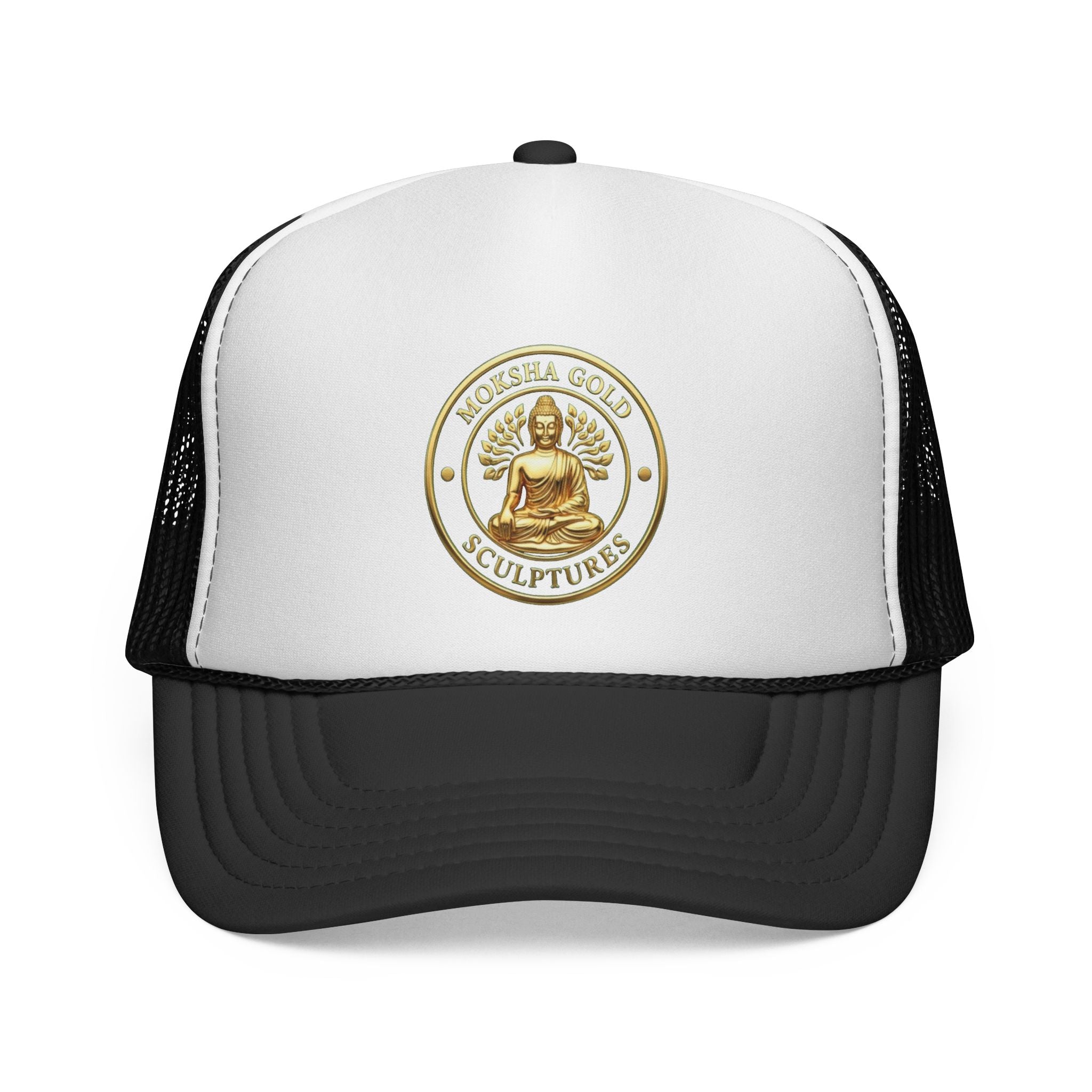 Buddha Emblem Trucker Cap — Gold Meditation Logo Mesh Hat