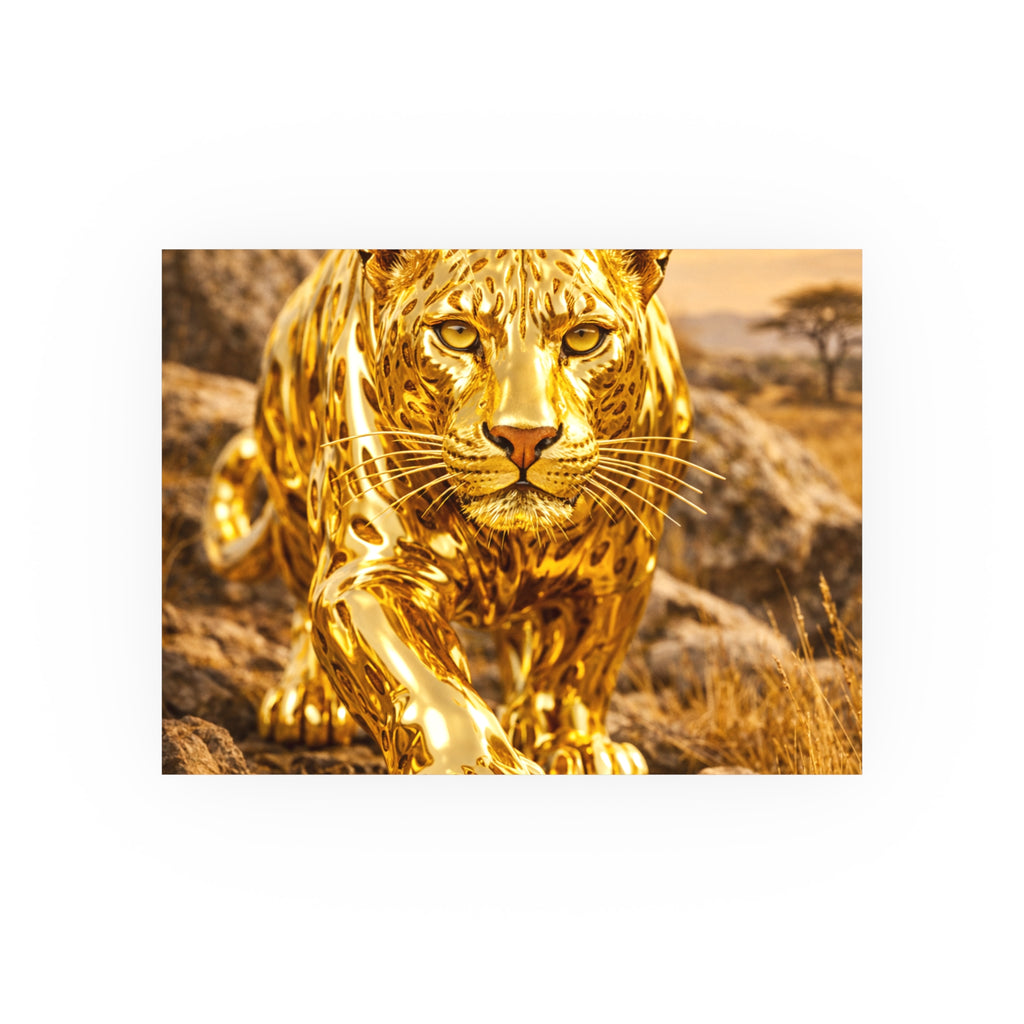 Polished Gold Leopard Statue Wall Art Poster Luxury Safari Animal Decor Realistic Metallic Wildlife Artwork Modern Home Living Room Interior