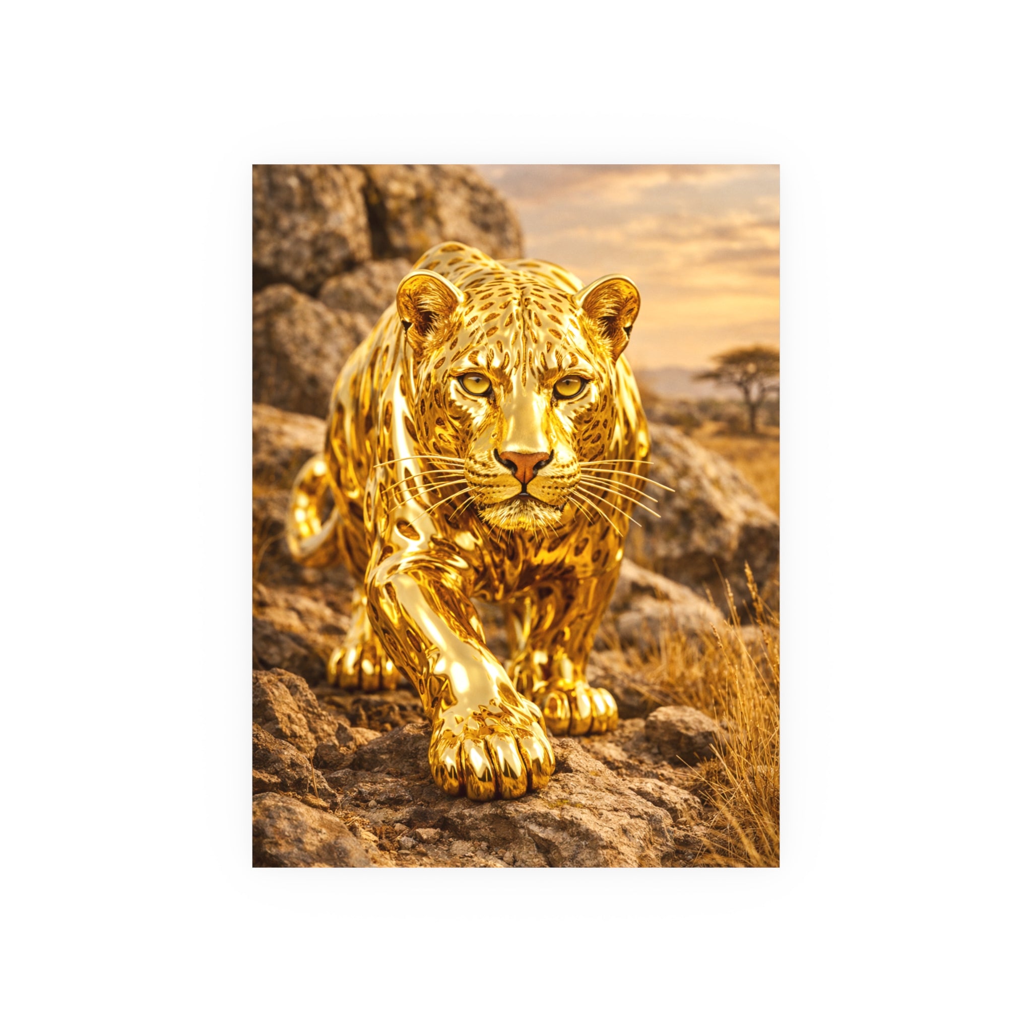 Polished Gold Leopard Statue Wall Art Poster Luxury Safari Animal Decor Realistic Metallic Wildlife Artwork Modern Home Living Room Interior