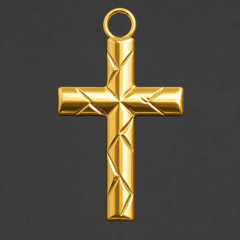 The Faceted Cross Pendant Necklace in 9K Gold by MokshaGoldSculptures, beveled design with circular loop.