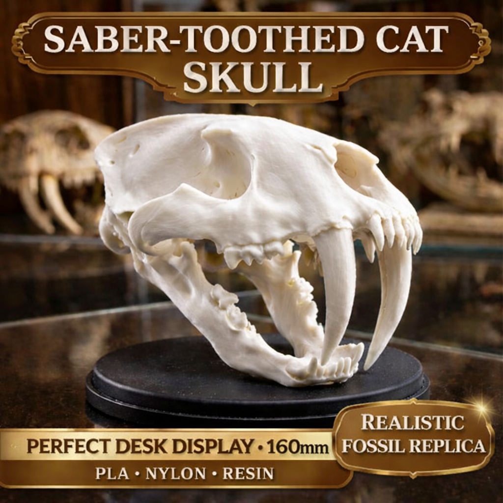 Smilodon Saber Tooth Skull 3D Print | Saber-Toothed Cat Fossil Replica | Prehistoric Skull Model | Desk Decor | Ice Age Gift | PLA Resin Nylon | 160mm