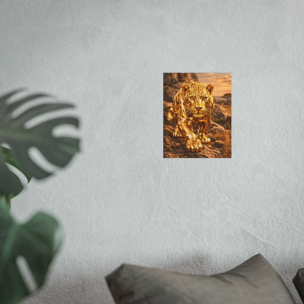 Polished Gold Leopard Statue Wall Art Poster Luxury Safari Animal Decor Realistic Metallic Wildlife Artwork Modern Home Living Room Interior