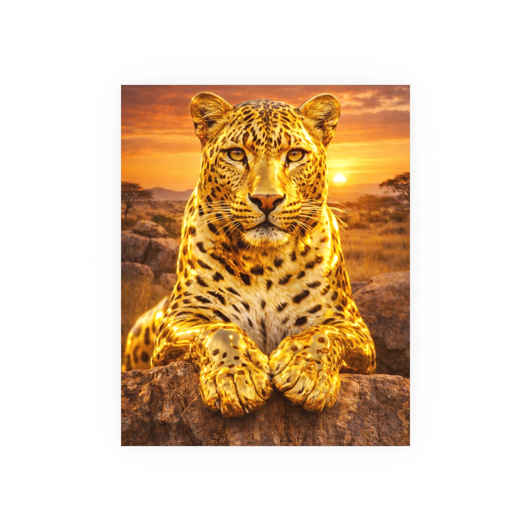 Gold Leopard Statue Wall Art Poster Luxury Safari Animal Decor Realistic Metallic Wildlife Artwork Modern Home Living Room Interior