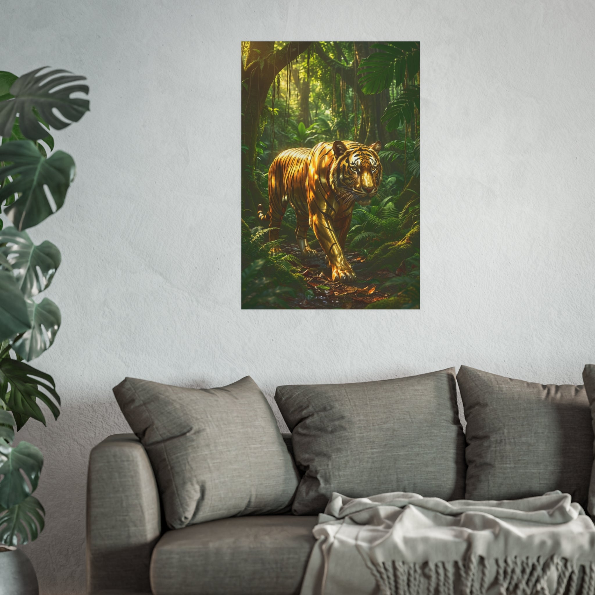 Golden Jungle Tiger Wall Art – Polished Gold Tiger Poster Luxury Wildlife Decor