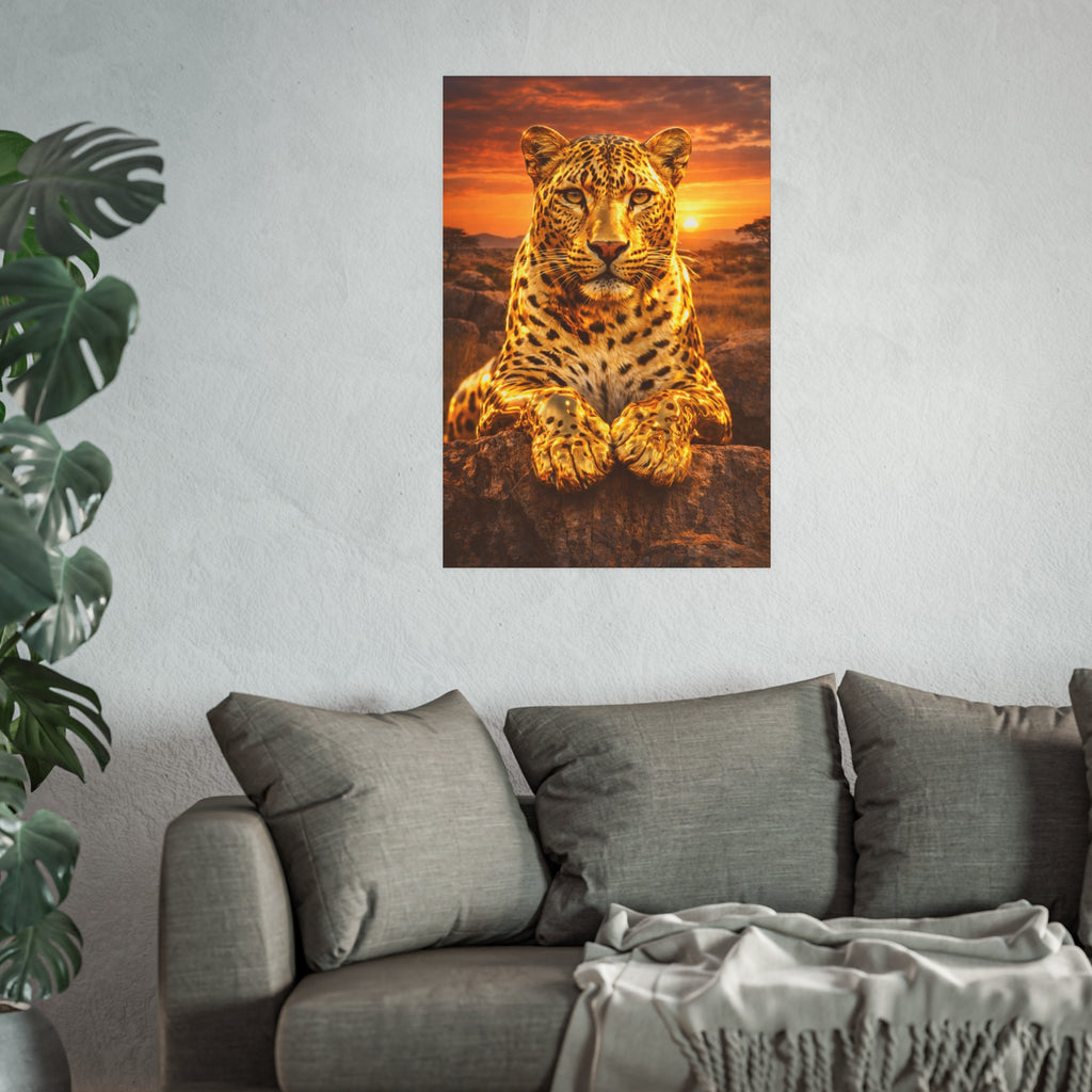 Gold Leopard Statue Wall Art Poster Luxury Safari Animal Decor Realistic Metallic Wildlife Artwork Modern Home Living Room Interior