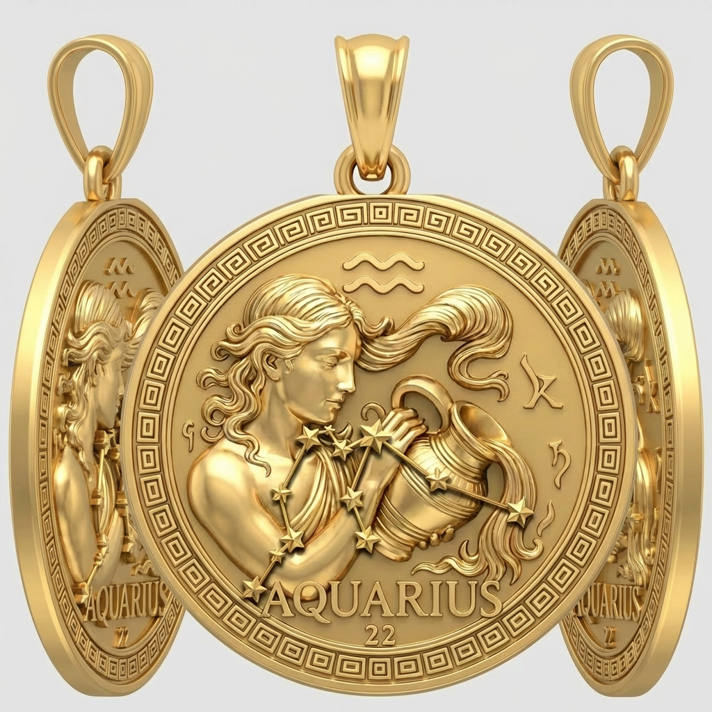 Aquarius Zodiac Pendant 3D – Woman Pouring Water, Gold or Silver, 20x5x23mm, Astrology Jewelry Gift for Aquarians