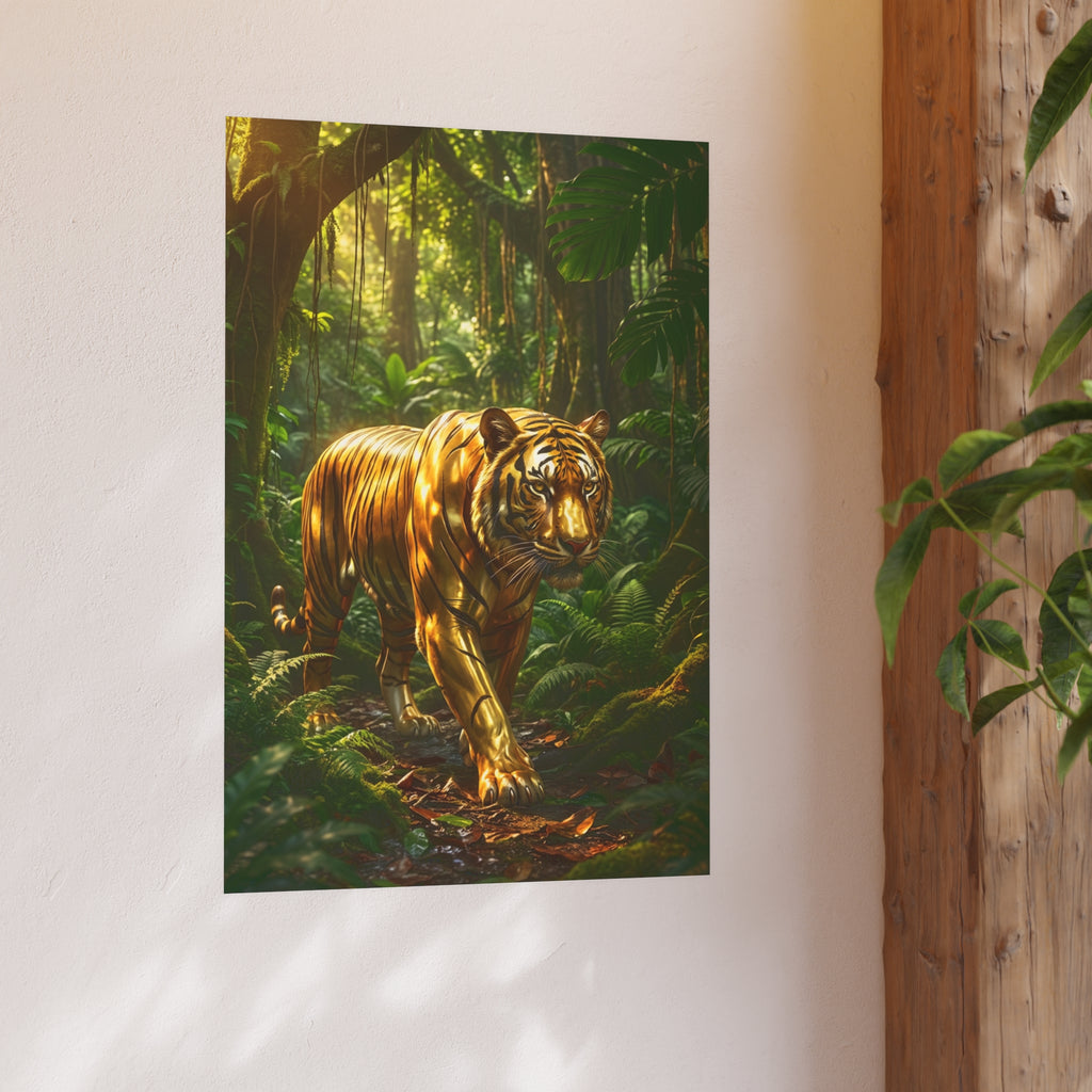 Golden Jungle Tiger Wall Art – Polished Gold Tiger Poster Luxury Wildlife Decor