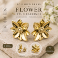 Polished Brass Flower Stud Earrings by MokshaGoldSculptures, botanical design with petal and bead details.