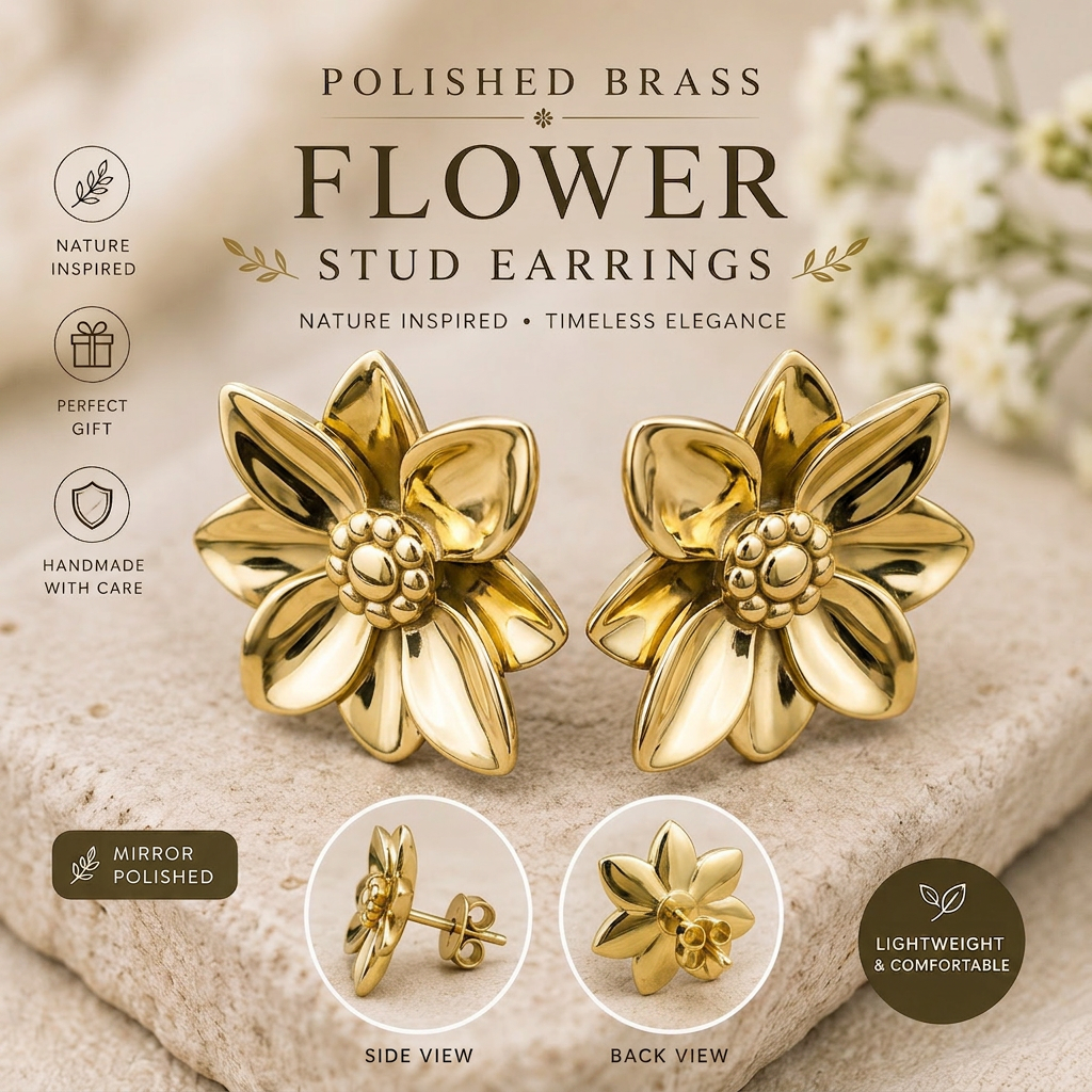 Polished Brass Flower Stud Earrings by MokshaGoldSculptures, botanical design with petal and bead details.