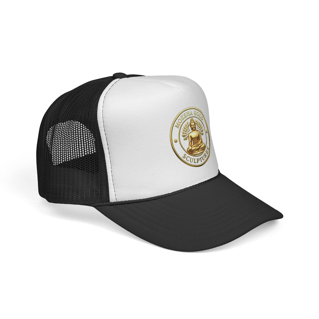 Buddha Emblem Trucker Cap — Gold Meditation Logo Mesh Hat