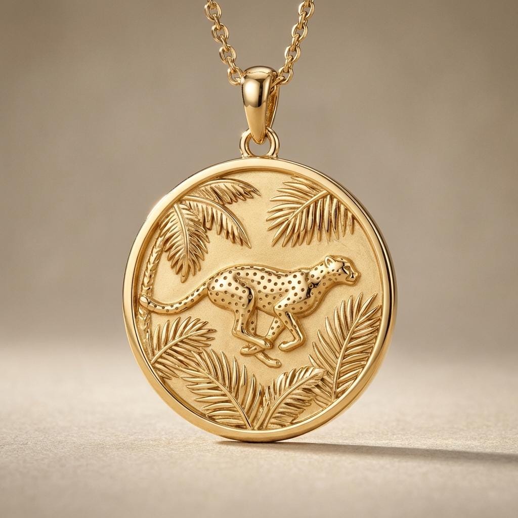 Attacking Cheetah Necklace Pendant  Fierce 3D Gold Animal Jewelry, Predator Wild Cat Inspired Desig
