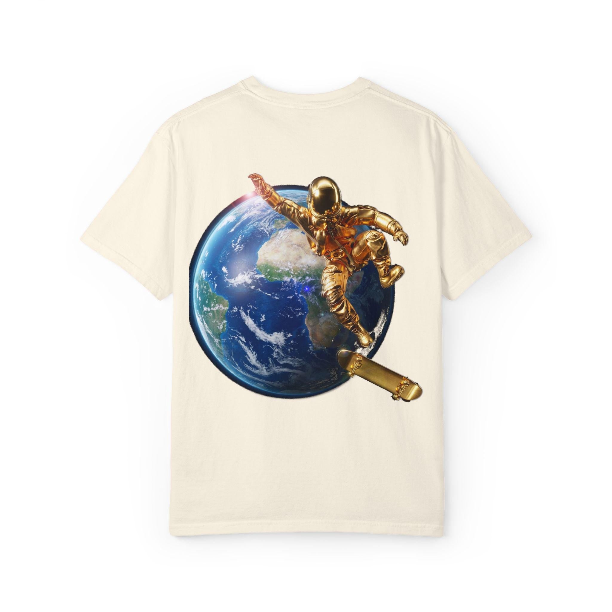 Golden Astronaut Skateboard Soaring High Futuristic Cosmic Ride in Style