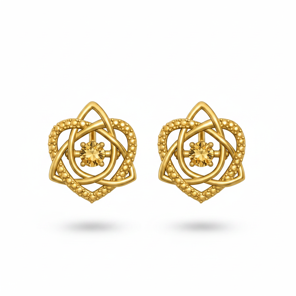 Celtic Trinity Knot Heart Stud Earrings in 9K gold by MokshaGoldSculptures, with intricate floral Irish knot design.