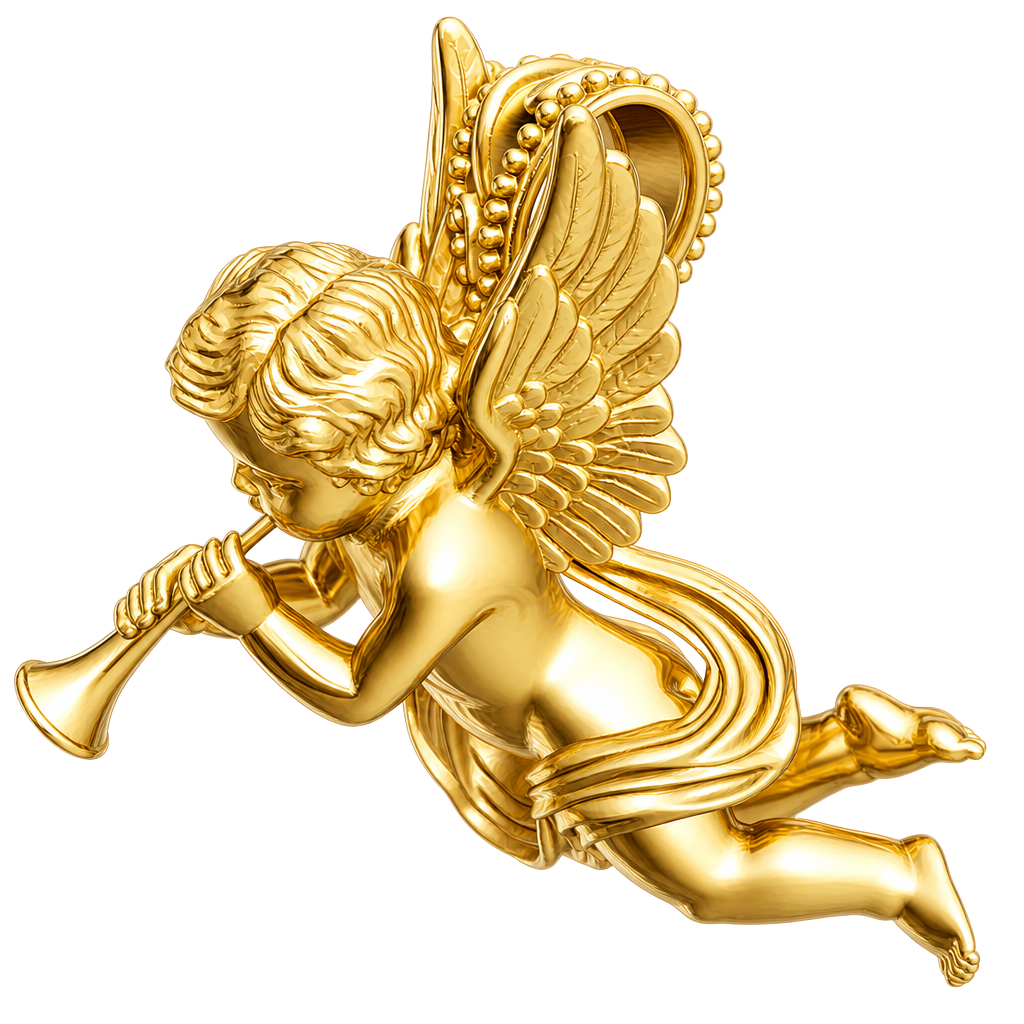 Golden Cherub Flute Pendant Necklace | Guardian Angel Jewelry | 9K Gold, Sterling Silver & Yellow Brass