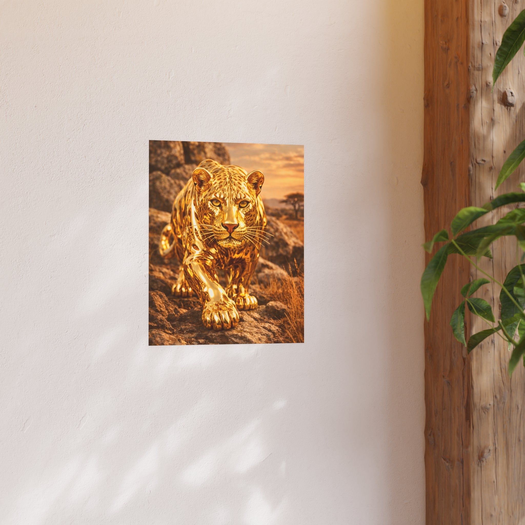 Polished Gold Leopard Statue Wall Art Poster Luxury Safari Animal Decor Realistic Metallic Wildlife Artwork Modern Home Living Room Interior