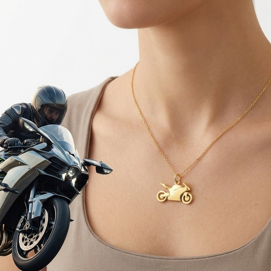 Solid Gold Racing Motorbike Pendant Necklace | Biker Jewelry Gift for Motorcycle Lovers