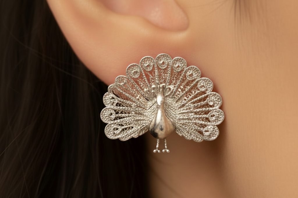 Peacock Stud Earrings in 9K Gold, Sterling Silver, or Polished Brass by MokshaGoldSculptures.