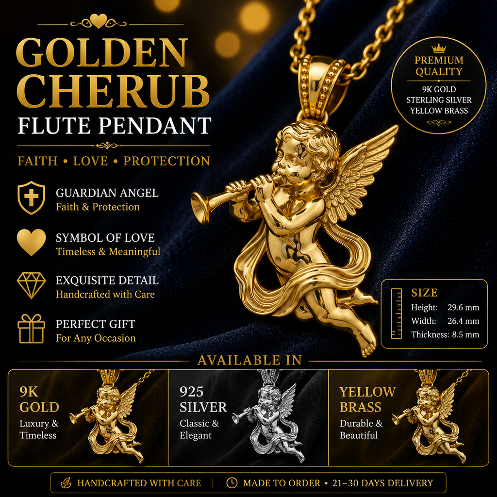 Golden Cherub Flute Pendant Necklace | Guardian Angel Jewelry | 9K Gold, Sterling Silver & Yellow Brass