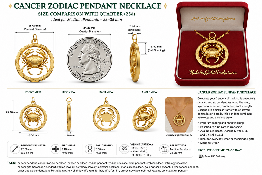 Cancer Zodiac Crab Pendant Necklace, 25mm Astrology Necklace, Cancer Constellation Jewellery, 9K Gold, Sterling Silver or Yellow Brass, Zodiac Gift