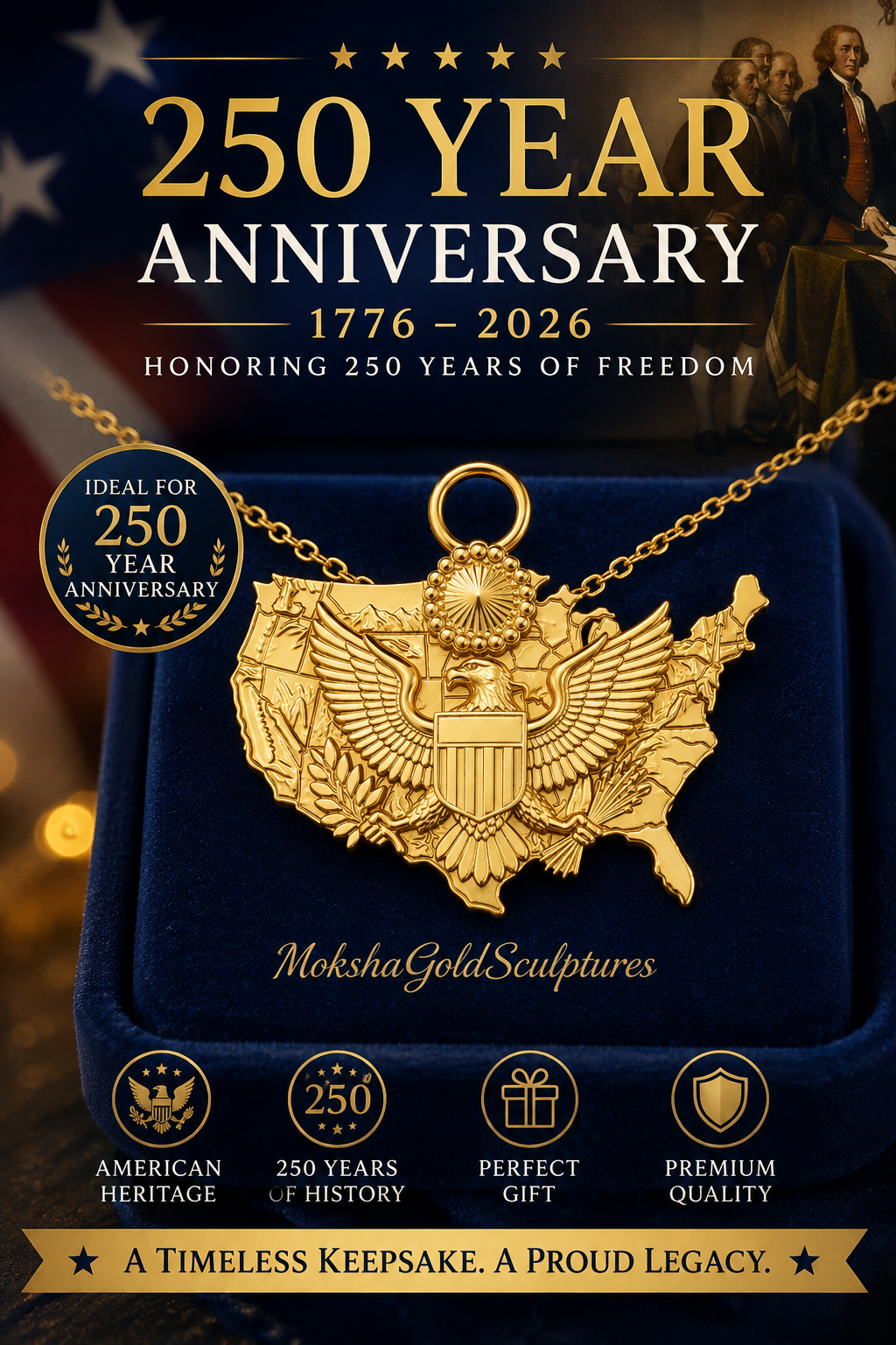 USA Eagle Map Pendant Necklace, 250th Anniversary America Necklace, 9K Gold, Sterling Silver or Brass, Patriotic Gift, USA Map Jewellery