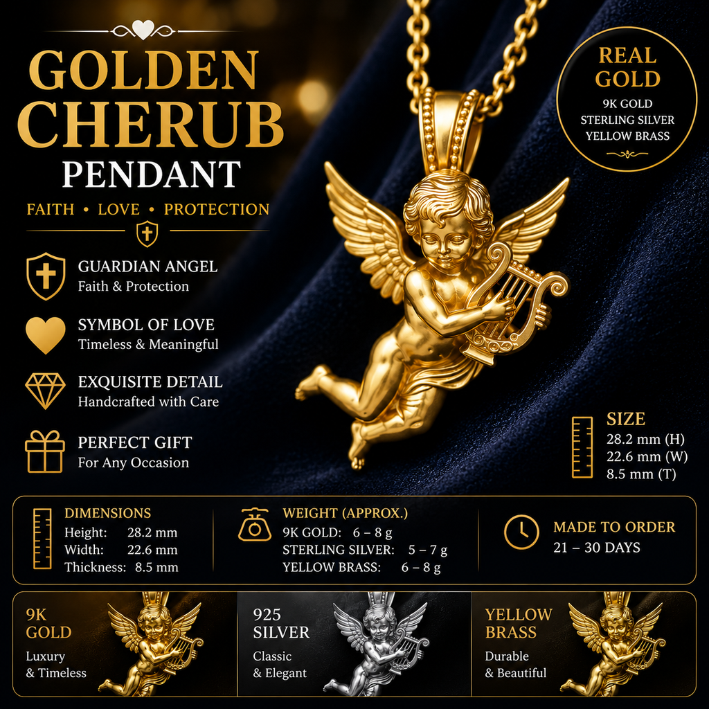 Golden Cherub Harp Pendant Necklace, Guardian Angel Jewelry, 9K Gold Angel Pendant, Sterling Silver Cherub Necklace, Religious Gift