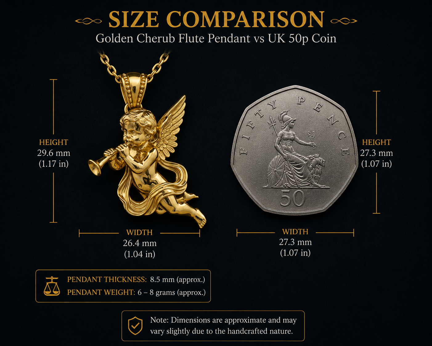 Golden Cherub Flute Pendant Necklace | Guardian Angel Jewelry | 9K Gold, Sterling Silver & Yellow Brass