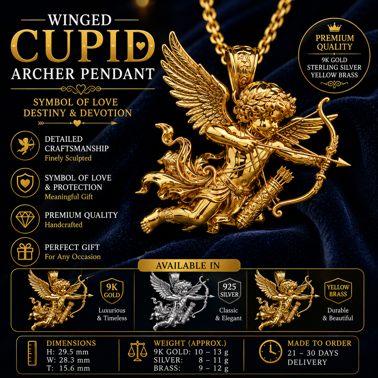 Winged Cupid Archer Pendant Necklace | Cherub Angel with Bow & Arrow | Handmade in 9K Gold, Sterling Silver & Yellow Brass