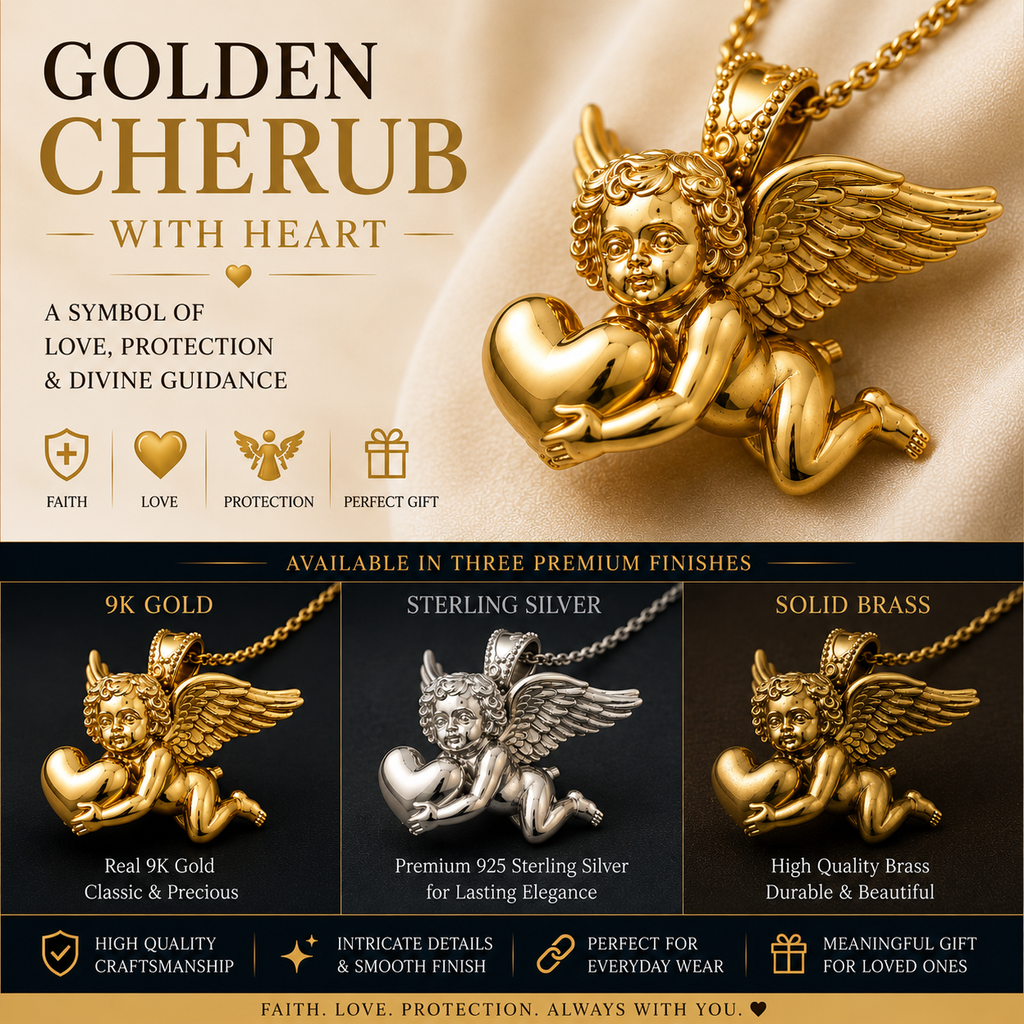 Golden Cherub with Heart Pendant Necklace | Angel of Love & Protection | 9K Gold, Sterling Silver or Polished Brass | Handmade Religious Jewelry Gift