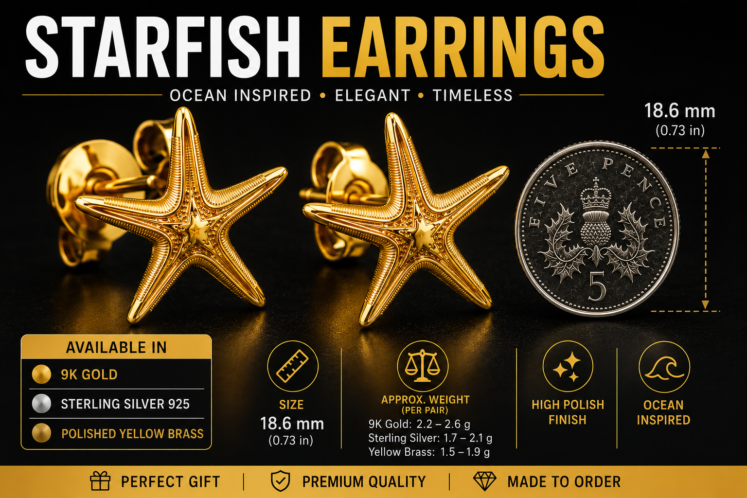 Royal Starfish Stud Earrings | Astropecten articulatus | 9K Gold, Sterling Silver or Polished Yellow Brass | Ocean Jewelry | Nautical Gift
