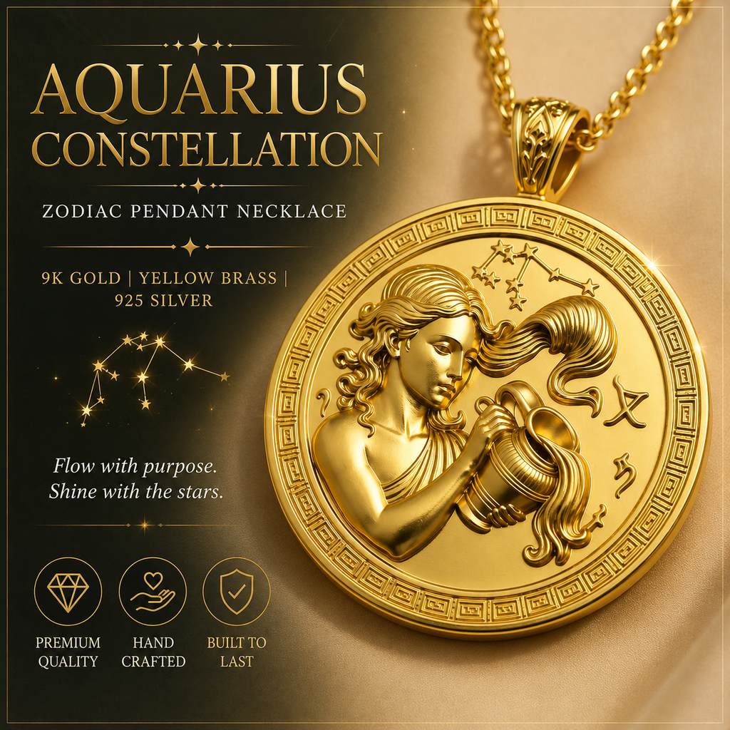 Aquarius Zodiac Pendant Necklace in 9K Gold by MokshaGoldSculptures, woman pouring water with star and zodiac accents.