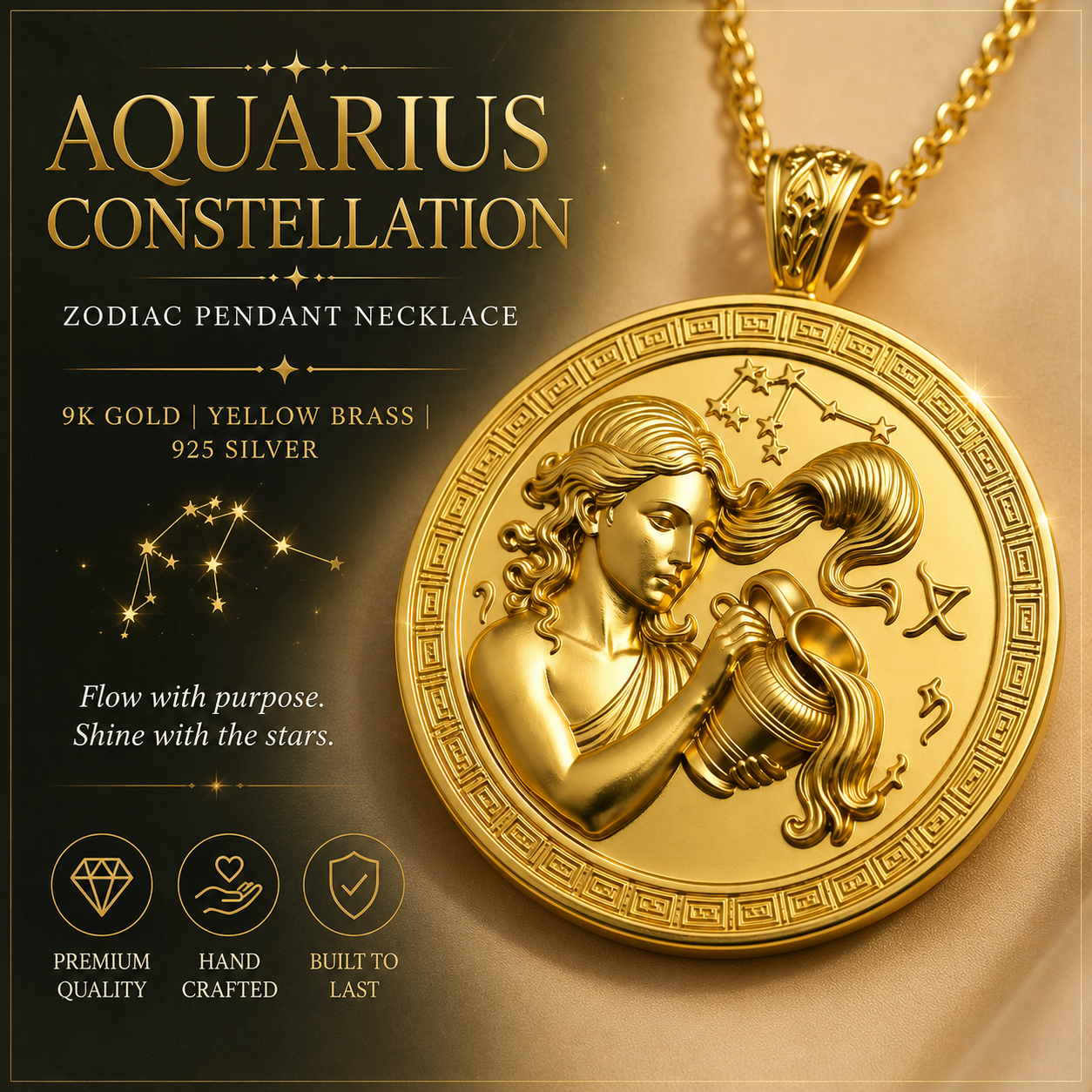 Aquarius Zodiac Pendant Necklace in 9K Gold by MokshaGoldSculptures, woman pouring water with star and zodiac accents.