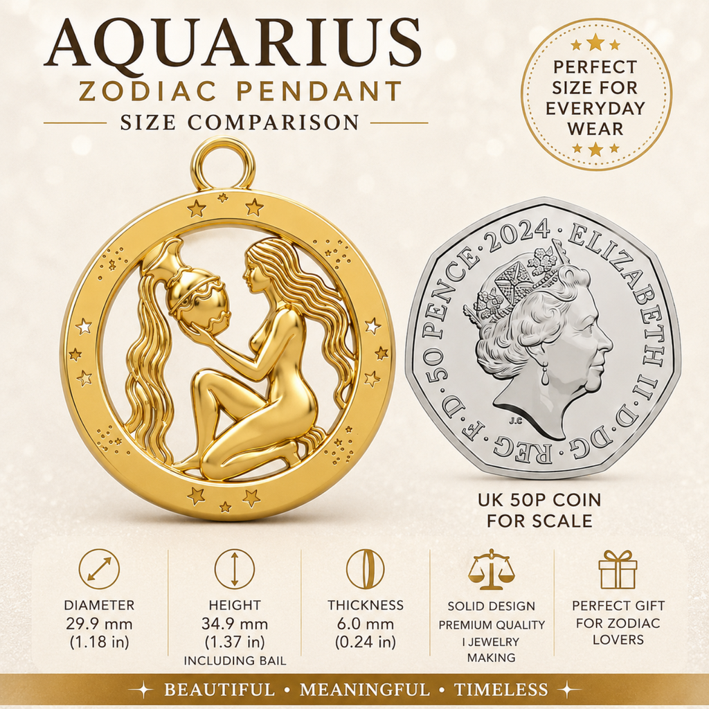 Aquarius Zodiac Pendant in 9K Gold by MokshaGoldSculptures, water bearer design, shown beside UK 50p coin for scale.