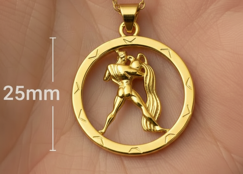 25mm Aquarius Zodiac Pendant Necklace, Men's Water Bearer Necklace, 9K Gold, Sterling Silver or Brass, Astrology Jewellery Gift