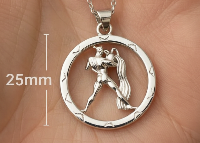 25mm Aquarius Zodiac Pendant Necklace, Men's Water Bearer Necklace, 9K Gold, Sterling Silver or Brass, Astrology Jewellery Gift