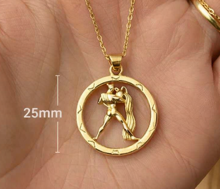 25mm Aquarius Zodiac Pendant Necklace, Men's Water Bearer Necklace, 9K Gold, Sterling Silver or Brass, Astrology Jewellery Gift