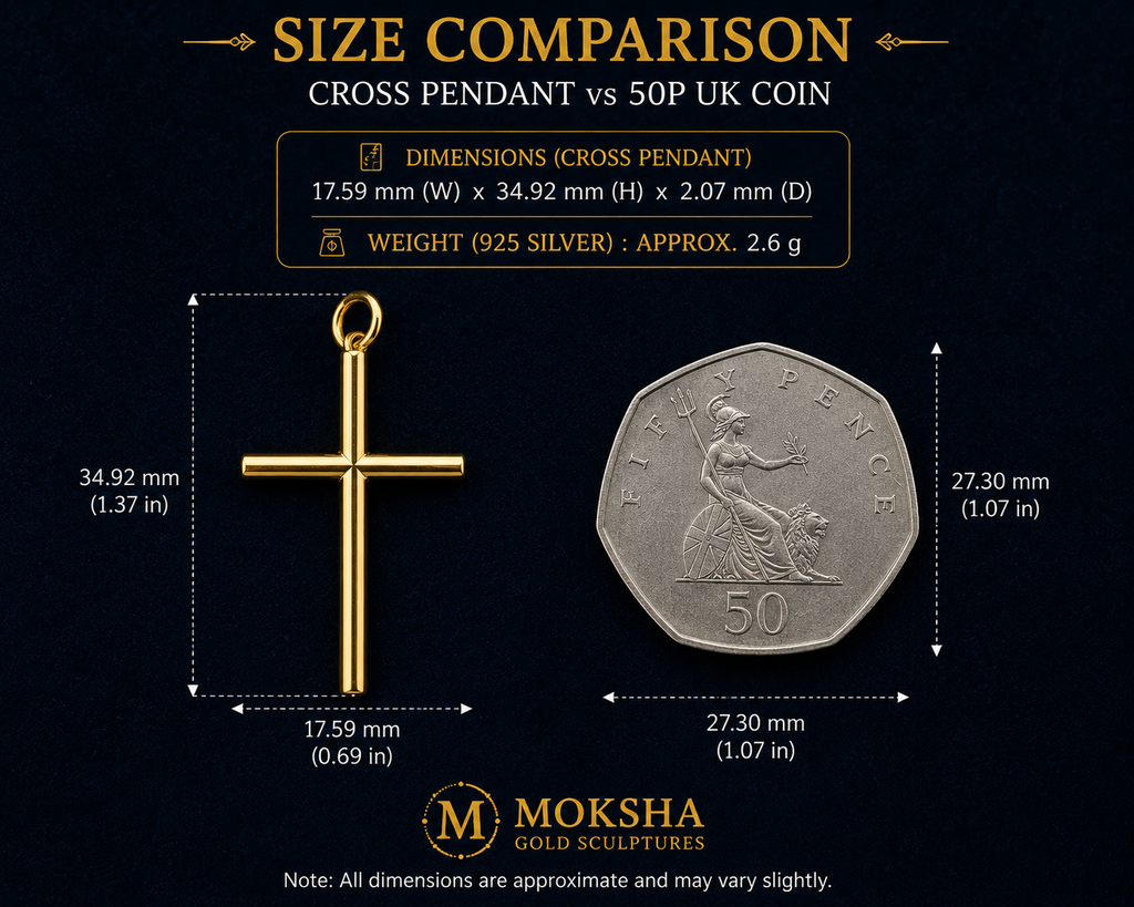 Minimalist Cross Pendant Necklace by MokshaGoldSculptures in gold finish shown beside UK 50p coin for scale.