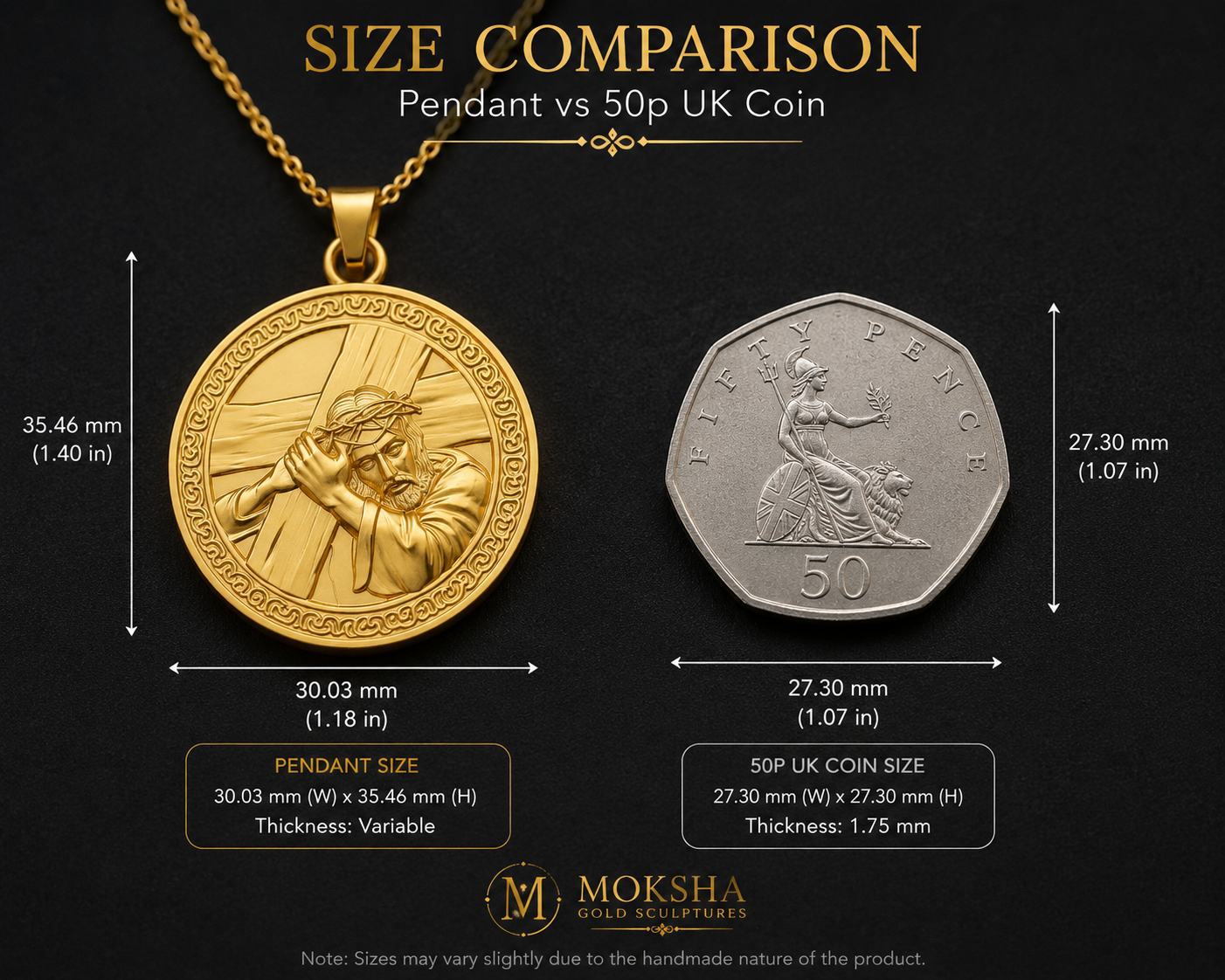 Jesus Carrying the Cross medallion pendant in sterling silver by MokshaGoldSculptures, shown beside UK 50p coin for scale.