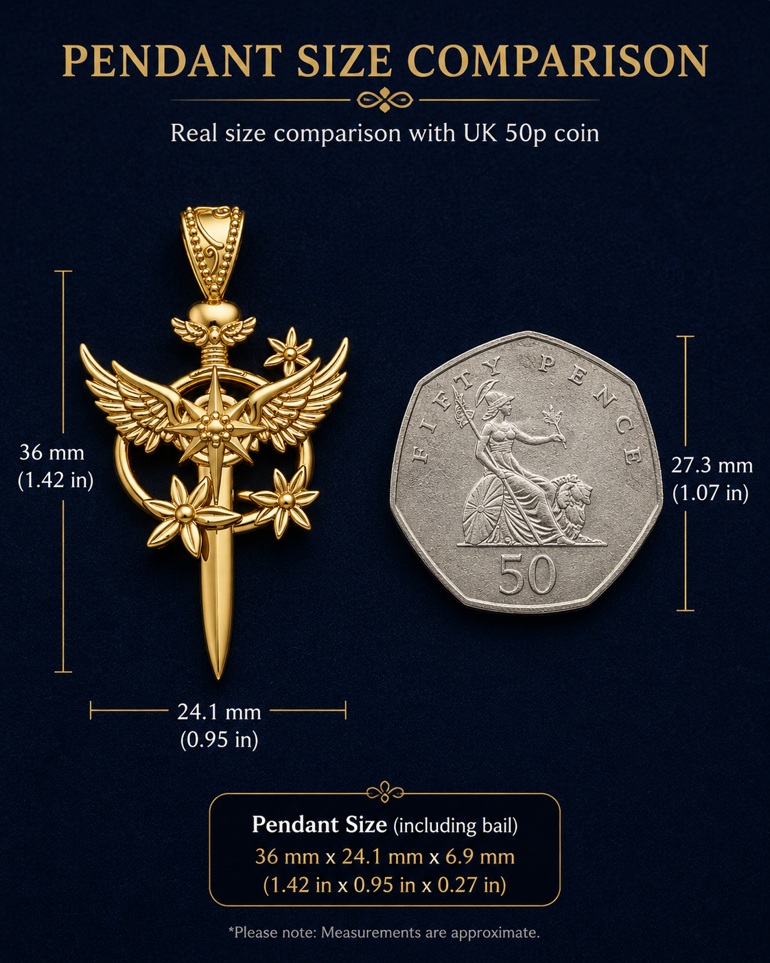The Celestia Winged Star Sword Necklace in 9K gold by MokshaGoldSculptures, shown larger than a UK 50p coin.
