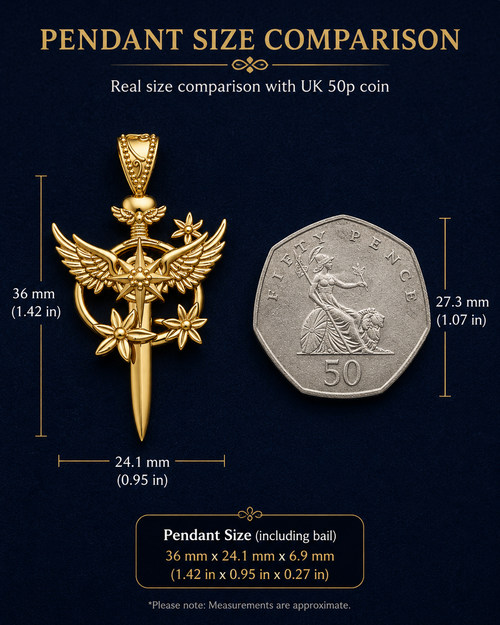 The Celestia Winged Star Sword Necklace in 9K gold by MokshaGoldSculptures, shown larger than a UK 50p coin.