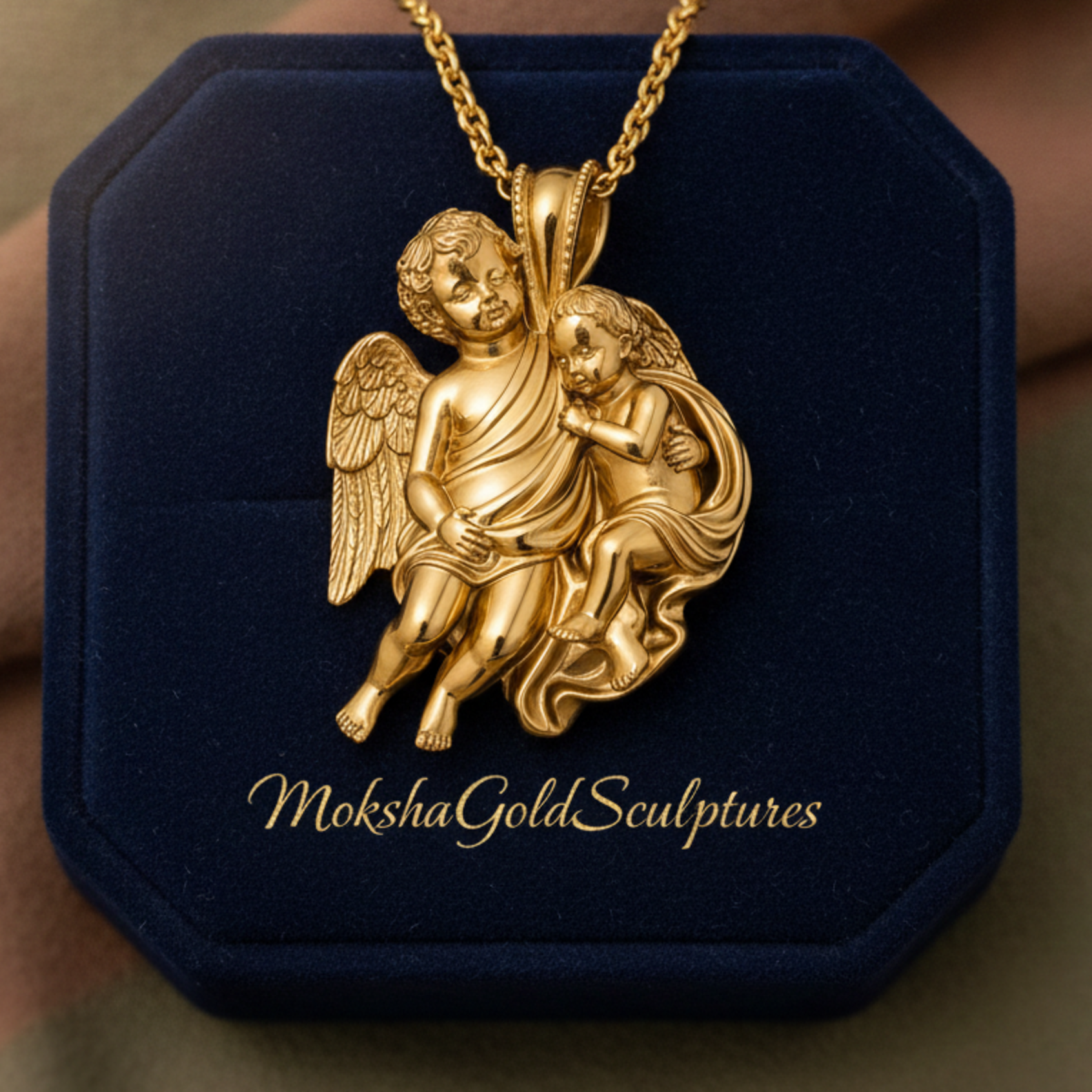 Golden Cherub Duo Pendant Necklace | Guardian Angel Jewelry | 9K Gold, Sterling Silver & Yellow Brass | Handmade Religious Gift