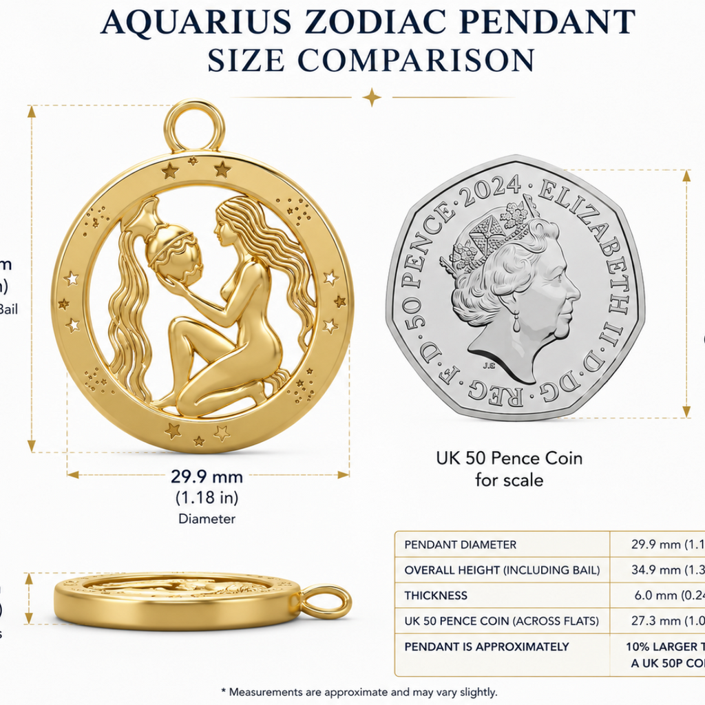 Aquarius Zodiac Pendant in 9K gold by MokshaGoldSculptures, embossed stars and water bearer, shown beside UK 50p coin.