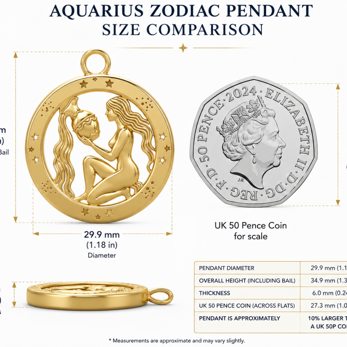 Aquarius Zodiac Pendant in 9K gold by MokshaGoldSculptures, embossed stars and water bearer, shown beside UK 50p coin.