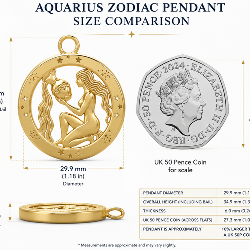Aquarius Zodiac Pendant in 9K gold by MokshaGoldSculptures, embossed stars and water bearer, shown beside UK 50p coin.