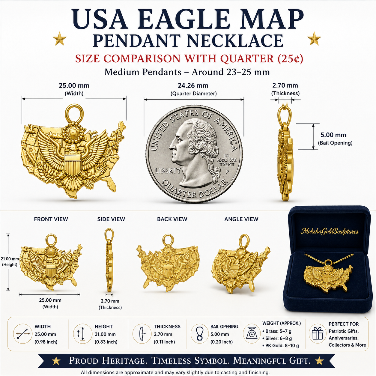 USA Eagle Map Pendant Necklace, 25mm Patriotic USA Necklace, American Eagle Jewellery, 250th Anniversary Gift, 9K Gold, Sterling Silver or Brass