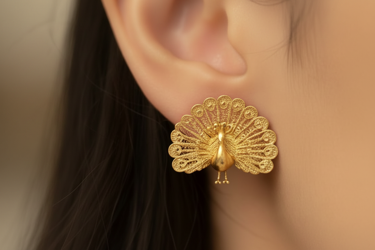 Peacock Stud Earrings in 9K gold high polish by MokshaGoldSculptures on ear—elegant fan tail jewellery.